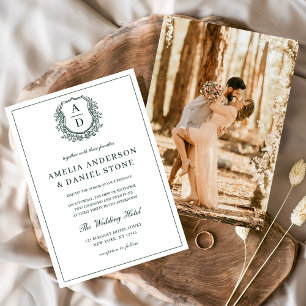 Invitación Boda Monograma Escudo elegante verde esmeralda