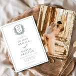 Invitación Boda Monograma Escudo elegante verde esmeralda<br><div class="desc">Presente a su boda con una impresionante invitación verde sabio con un elegante monograma de escudo floral. El suave tono verde sabio desprende una belleza natural y serenidad, mientras que el escudo floral aporta un toque atemporal y sofisticado. Perfecto para parejas que buscan un diseño refinado y elegante, esta invitación...</div>