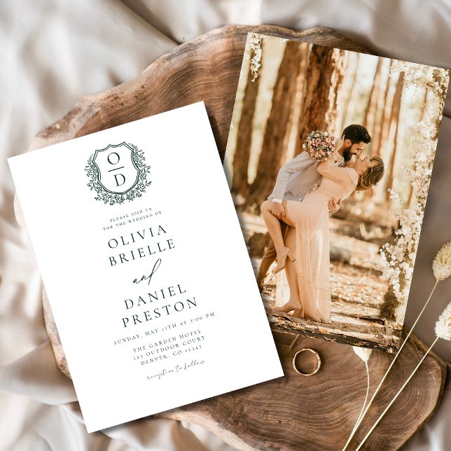 Invitación Boda Monograma Escudo elegante verde esmeralda (Subido por el creador)