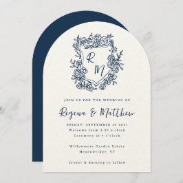 Invitación Boda Monograma Escudo floral azul de la marina dib