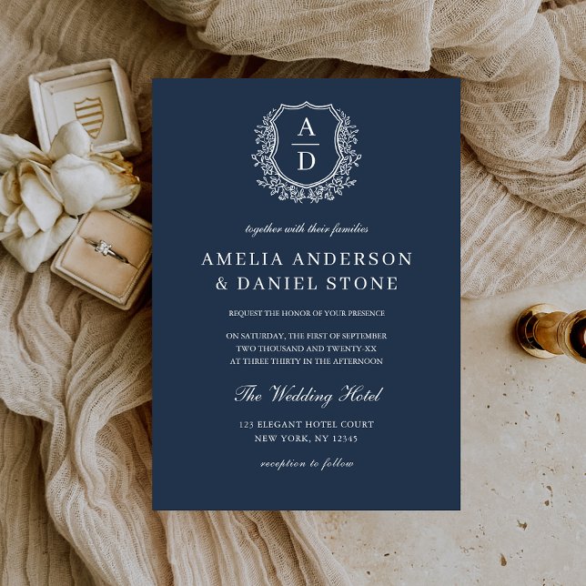 Invitación Boda Monograma Escudo Floral Azul de la Marina Ele (Subido por el creador)