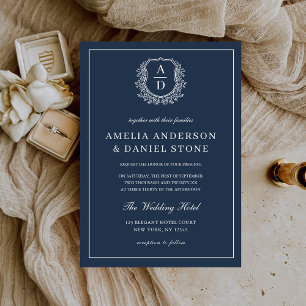 Invitación Boda Monograma Escudo Floral Azul de la Marina Ele