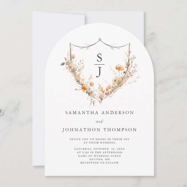 Invitación Boda Monograma Escudo Floral de Flor silvestre (Anverso)