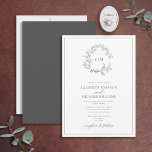 Invitación Boda Monograma Escudo Gris moderno<br><div class="desc">¡Nos encanta esta moderna y moderna invitación a las bodas grises! Sencillo, elegante y muy bonito, tiene una corona de hojas dibujadas a mano que rodea un moderno monograma boda. Está personalizado en una tipografía elegante, acentuado con caligrafía con letras a mano. Por último, se recorta en un marco delicado....</div>