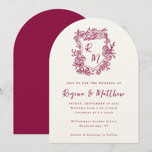 Invitación Boda Monograma Escudo morado con flor de mano dibu