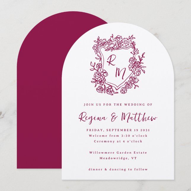 Invitación Boda Monograma Escudo morado con flor de mano dibu (Anverso / Reverso)