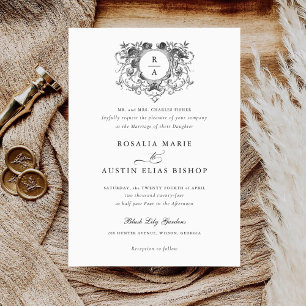 Invitación Boda Monograma Escudo Vintage Elegante de Hoja Flo
