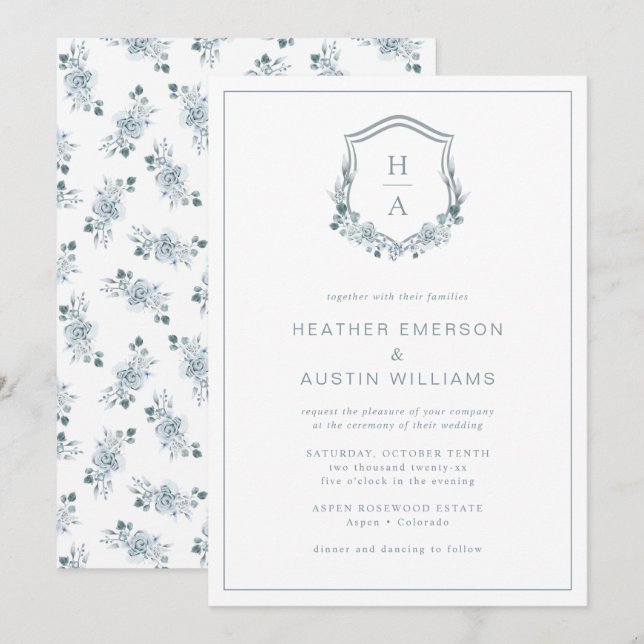 Invitación Boda Monograma Floral Azul (Anverso / Reverso)