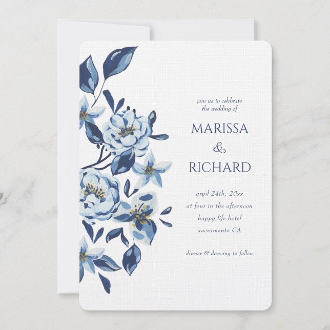 Invitación Boda Monograma Floral Azul Blanco Real (Anverso)