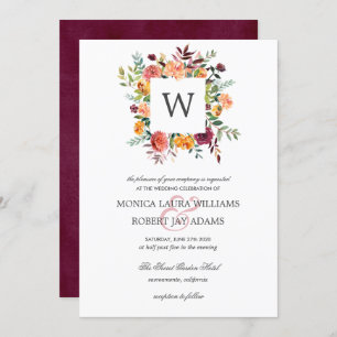 Invitación Boda Monograma Floral de color Autum de la flor de