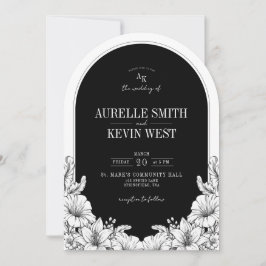 Invitación Boda Monograma Floral Negro Blanco Rústico Arco