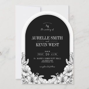 Invitación Boda Monograma Floral Negro Blanco Rústico Arco