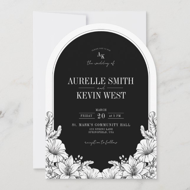 Invitación Boda Monograma Floral Negro Blanco Rústico Arco (Anverso)