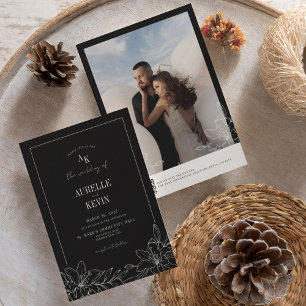 Invitación Boda Monograma Floral Negro Rústico Foto QR 
