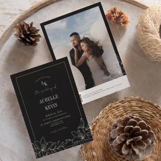 Invitación Boda Monograma Floral Negro Rústico Foto QR 