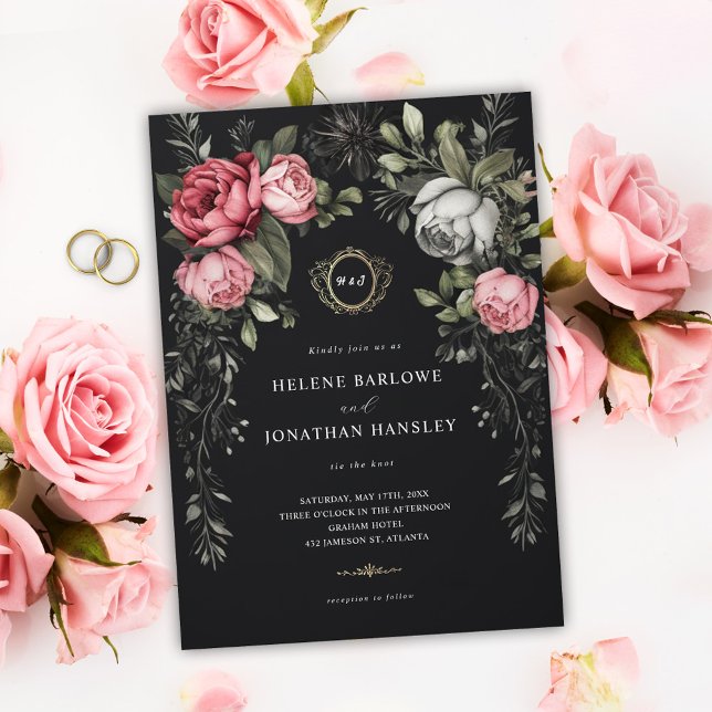 Invitación Boda Monograma Floral Oscuro Moody (Floral Dark Moody Monogram Wedding Invitation)