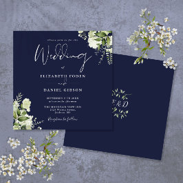 Invitación Boda Monograma Floral Verde Azul Marino Cuadrado