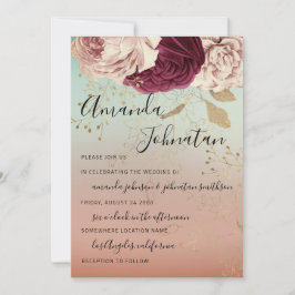 Invitación Boda Monograma Florals Borgoña Marsala Rosa Verde 