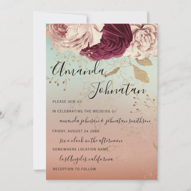 Invitación Boda Monograma Florals Borgoña Marsala Rosa Verde  (Anverso)