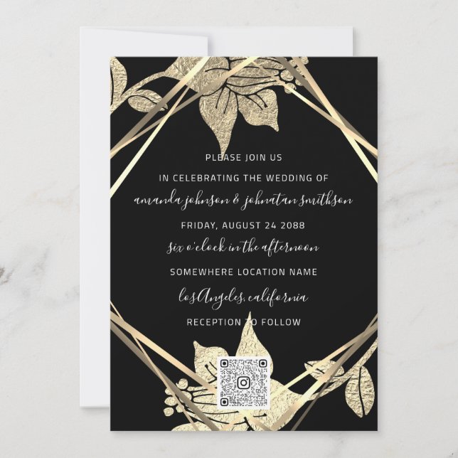 Invitación Boda Monograma Florals Faux Gold Frame QR (Anverso)