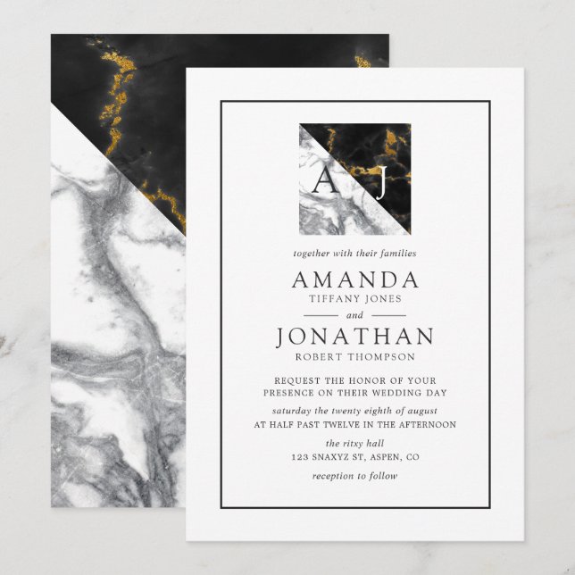 Invitación Boda Monograma Geométrico de Mármol de moda y Reli (Anverso / Reverso)