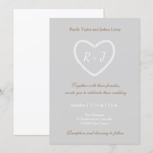 Invitación Boda Monograma Gris Oro Blanco con forma de corazó