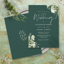 Invitación Boda Monograma Hojas Verde Esmeralda 