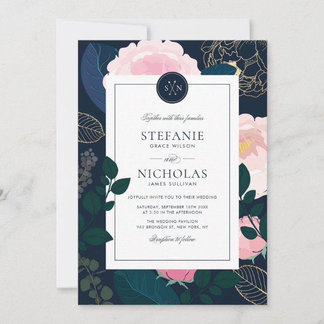 Invitación Boda Monograma II del Relieve metalizado dorado de (Anverso)