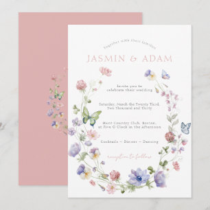 Invitación Boda Monograma Mariposa Flor Silvestre Rosa Rubor