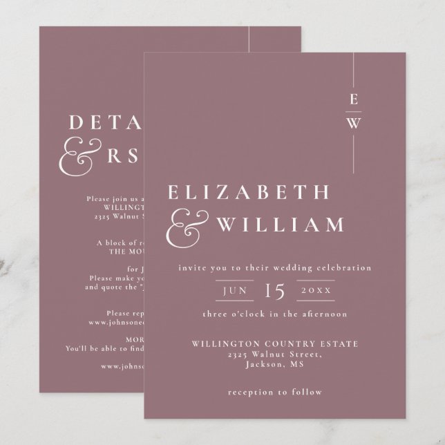 Invitación Boda Monograma Modernista Todo en Uno Mauve (Anverso / Reverso)