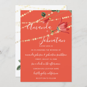 Invitación Boda Monograma moderno Coral Blanco Luces de oro
