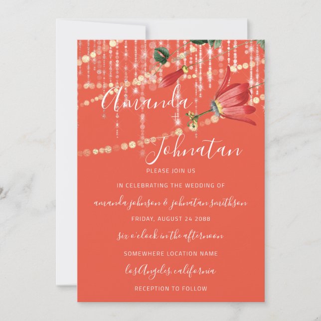 Invitación Boda Monograma moderno Luces de Coral Vivid Gold (Anverso)