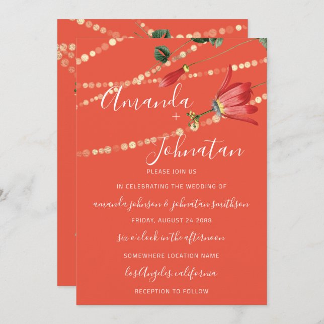 Invitación Boda Monograma moderno Luces de Coral Vivid Gold (Anverso / Reverso)