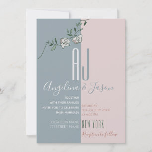 Invitación Boda Monograma Moderno Rosa Rosado Azul Polvo