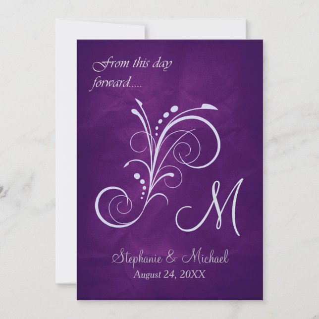 Invitación Boda Monograma Morado Silver Swirl (Anverso)