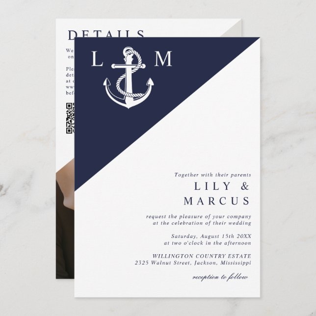Invitación Boda Monograma Náutico Azul de la Marina Foto Códi (Anverso / Reverso)