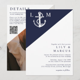 Invitación Boda Monograma Náutico Azul de la Marina Foto Códi
