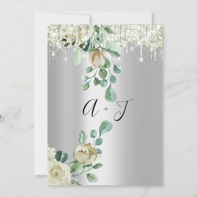Invitación Boda Monograma Perforaciones Florales Mint Plata V (Reverso)