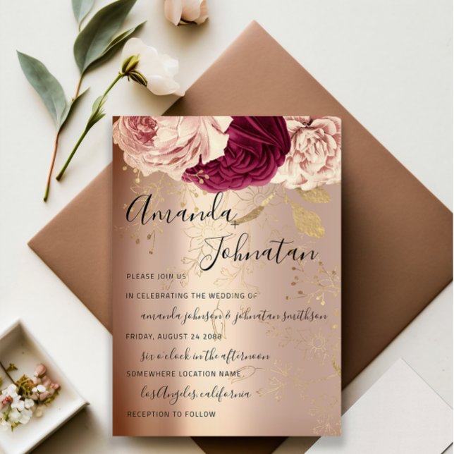 Invitación Boda Monograma Pink Florals Marsala Rosa Gold (Wedding Monogram Pink Florals Marsala Rose Gold Invitation)