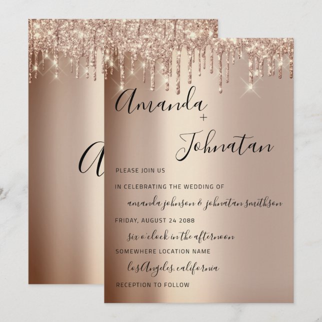 Invitación Boda Monograma Rastreo Purpurina Rosa Oro (Anverso / Reverso)