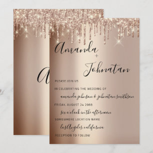 Invitación Boda Monograma Rastreo Purpurina Rosa Oro