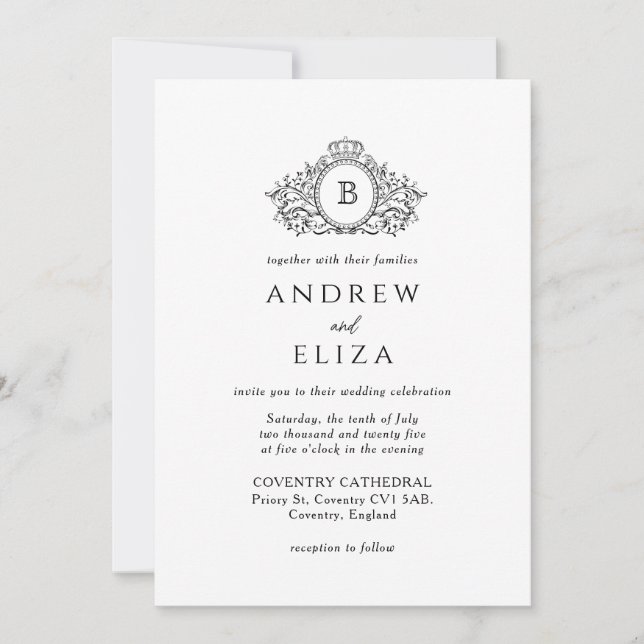 Invitación Boda Monograma Real, Escudo Negro y Blanco (Anverso)