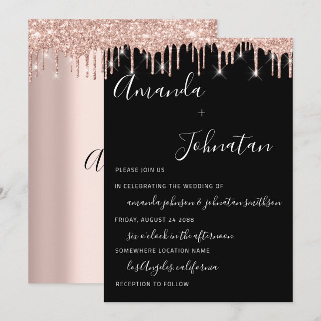 Invitación Boda Monograma Rosa negro Perforaciones de oro (Anverso / Reverso)