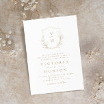 Invitación Boda monograma simple de escudo botánico de oro<br><div class="desc">Invitación minimalista a una boda en color blanco y oro, con sus iniciales monocromáticas enmarcadas por elegantes hojas botánicas de escudo y con ilustraciones a mano en la parte superior, sus detalles del evento se muestran a continuación en escritura moderna y letra clásica. Sencillo y lujoso. Ideal para bodas clásicos...</div>