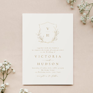 Invitación Boda monograma simple de escudo botánico de oro