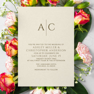 Invitación Boda monograma simple oscuro de bronce y oro
