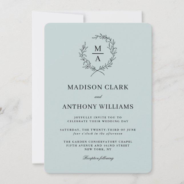 Invitación Boda monograma simple y claro azul (Anverso)