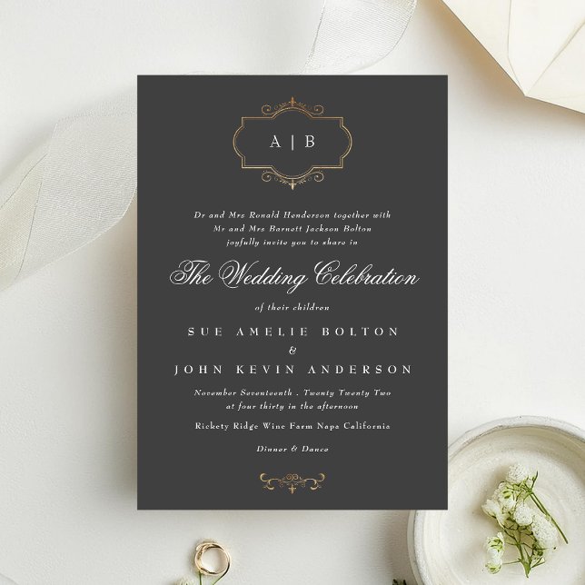 Invitación boda monograma tradicional de escudo de oro (Subido por el creador)