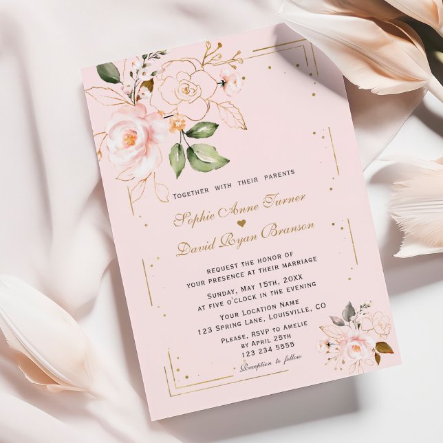 Invitación Boda monograma único Rubor de flores de oro rosada (Subido por el creador)
