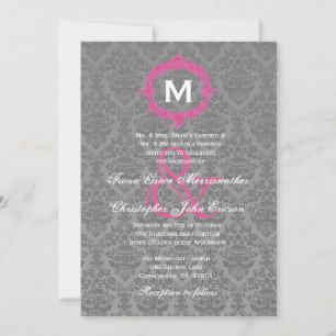 Invitación Boda Monograma V027B de Damasco gris y rosa